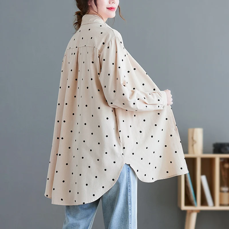 

2024 Spring Maternity Polka Dot Shirts Long Loose Pregnant Woman Cotton Linen Blouses Long Sleeve Pregnancy Cotton and Linen Top