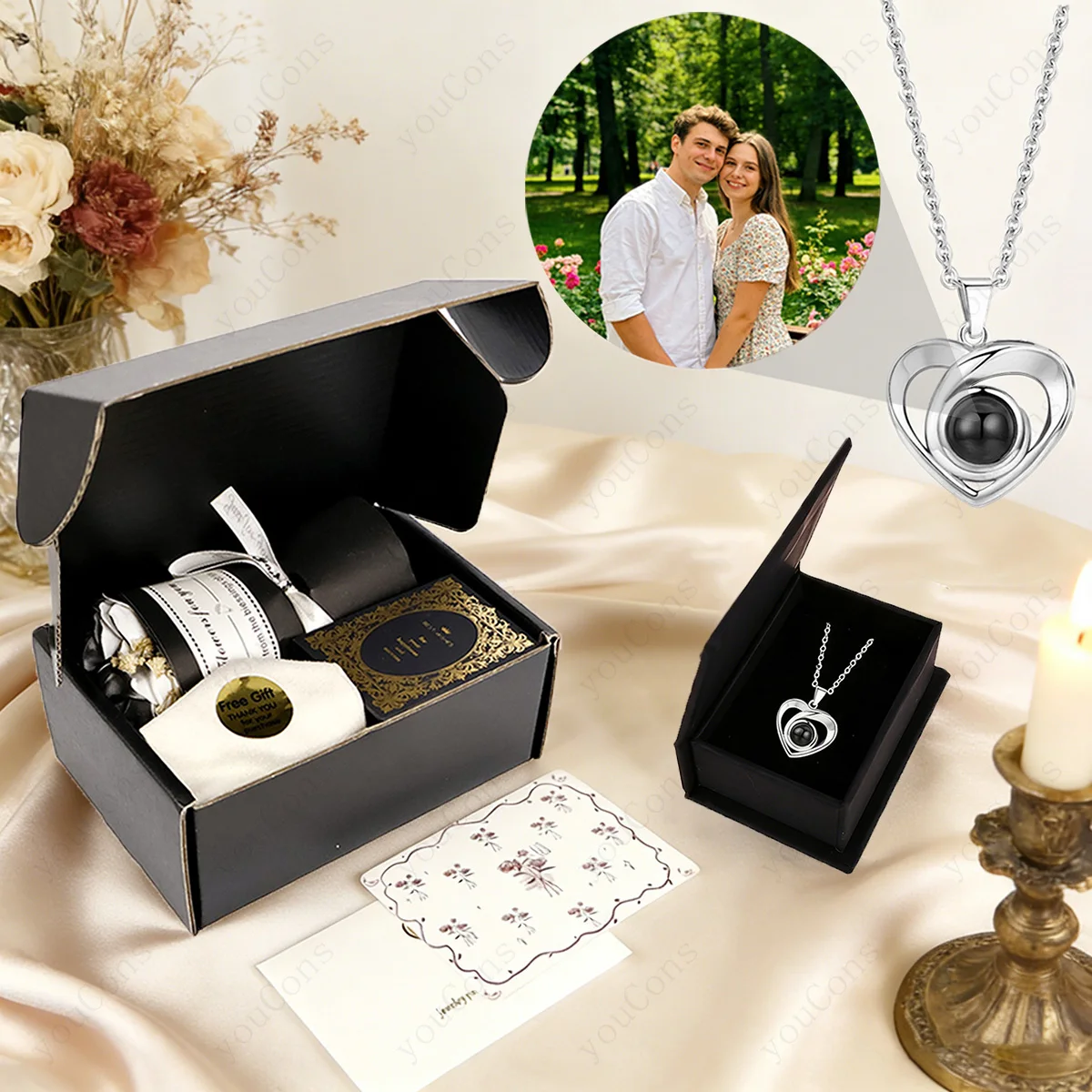 

Подарочный набор: ожерелье с проекцией фото на заказ, мини-букет и книга, бесплатные подарки. Романтический сюрприз на День святого Валентина и День матери.