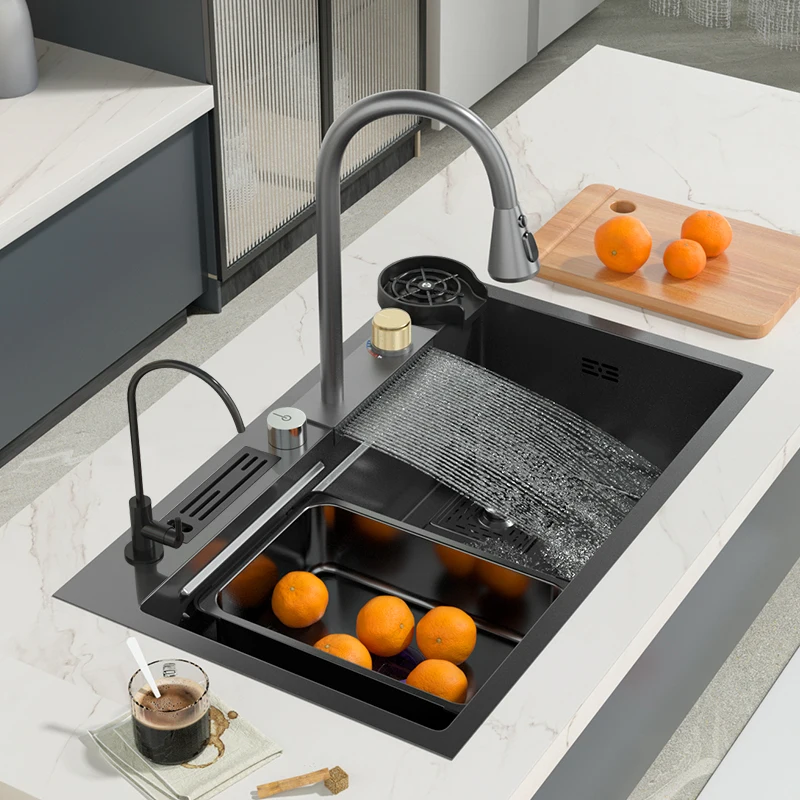 

Modern Kitchen Sink Waterfall Faucet Stainless Steel Sink Black Multifuctional Large Single Bowl Wash Basin Smart Dishwasher