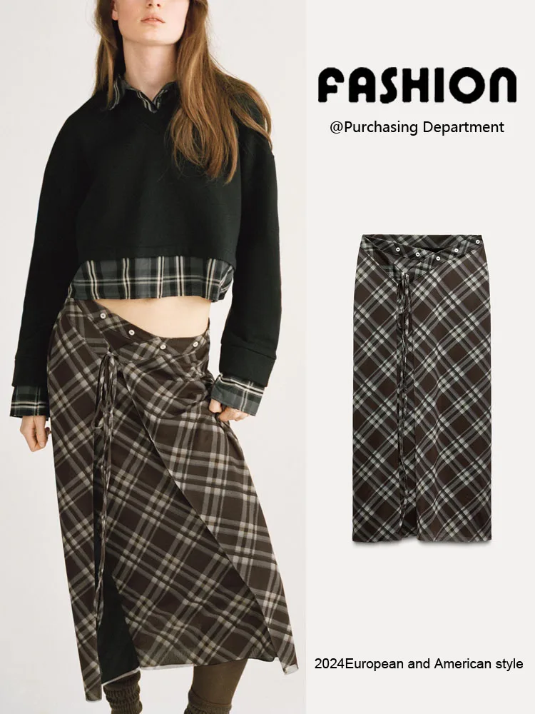

Spring New Arrival Women's Versatile Plaid Silk Me Cage Waist Contrast Color Straight f Skirt High Waist Midi Skirt