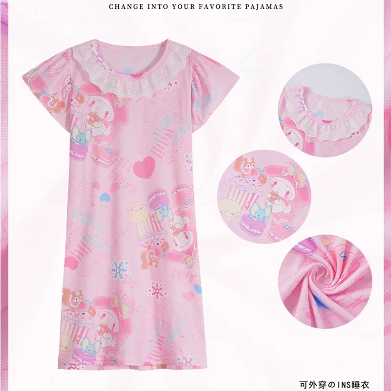 2024 Summer Dress Girls Nightdress Clothes Cartoon Pajamas Children\'s Clothing Short-Sleeve Pajamas Dress Kids Family Wear