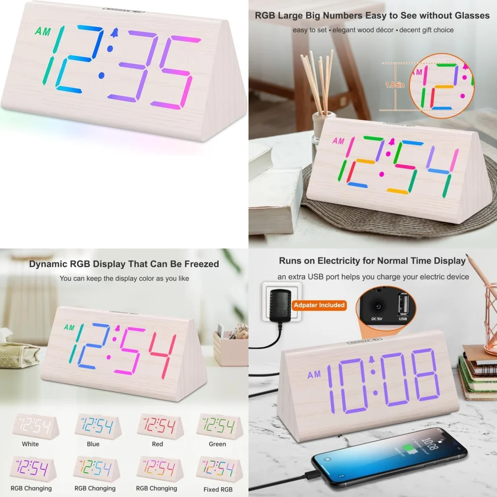 

Alarm clockWooden Digital Alarm Clock for Bedroom RGB LED Table Top White with Color Changing Light Modern Minimalist Design