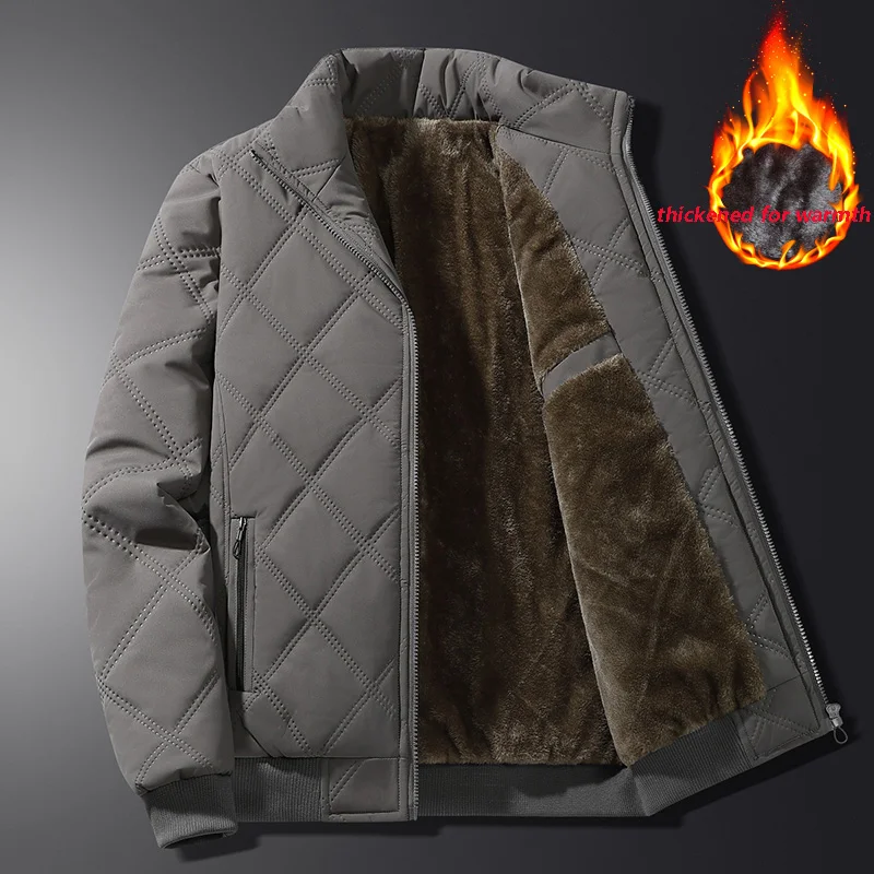 Men's Warm Parka Coat Autumn/Winter Outdoor Sports Parkas Thick Anti Cold Fleece Lined Jacket Men Stand up Collar Checkered Coat