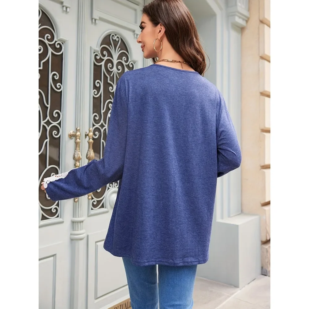 Plus Size 1XL-5XL Women's Round Neck Long Sleeved T-shirt Lace Patchwork Sleeves Button Up Cardigan Loose Top