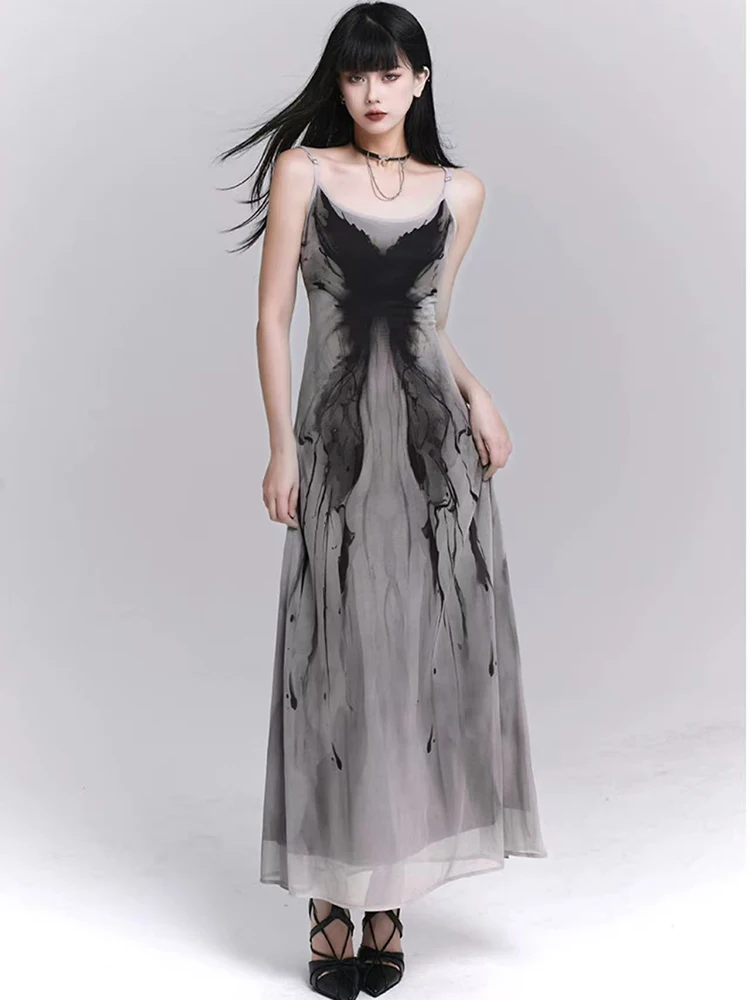 Retro Inkt Vlinder Tie Dye Camis Jurk Vrouwen Zomer Slanke Mouwloze Midi Jurk Y2K Koreaanse Zoete Mesh Spaghettibandjes Vestidos