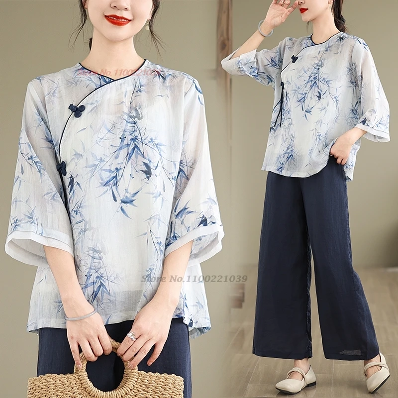 

2024 chinese vintage blouse national flower print improved o-neck blouse oriental hanfu tops traditional ethnic folk blouse