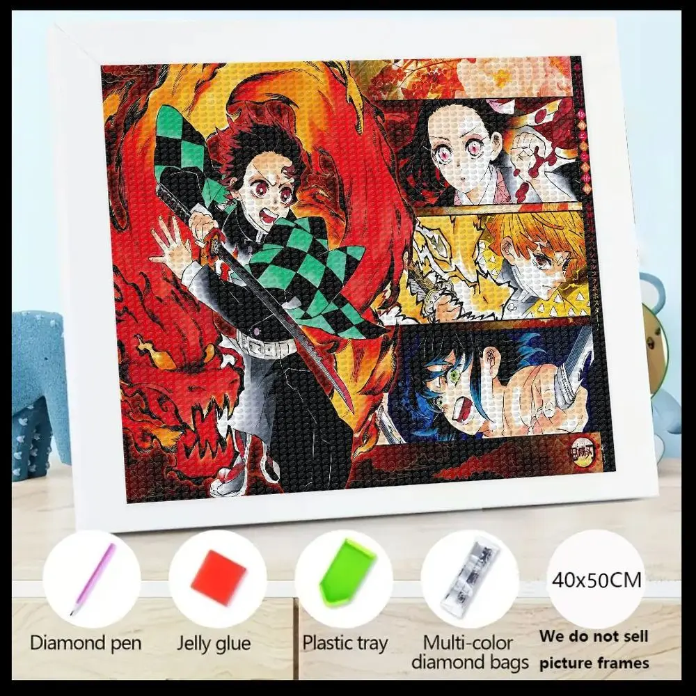 40x50cm Anime Demon Slayer Kimetsu no Yaiba Diamant-Malerei-Set DIY komplettes rundes quadratisches Diamant-Kunst-Set mit Werkzeugen (Diamant-Stift,