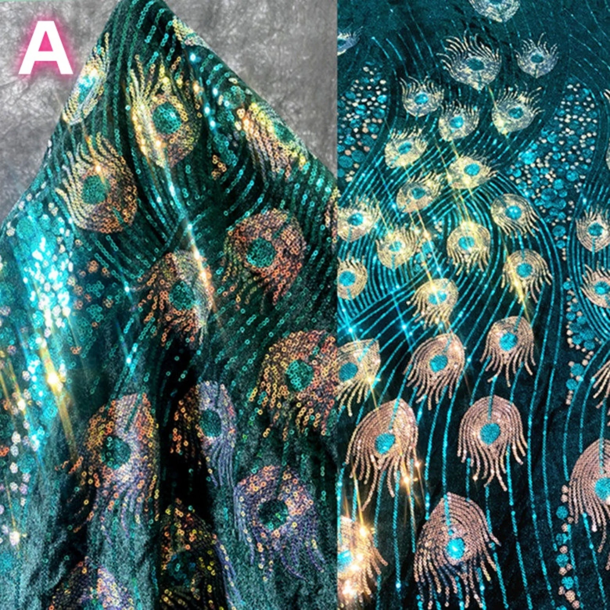 1 meter pauwenveer-paillettenstof, glitter trouwjurk, performancekostuum, fluwelen borduurkantstof - afbeelding 1