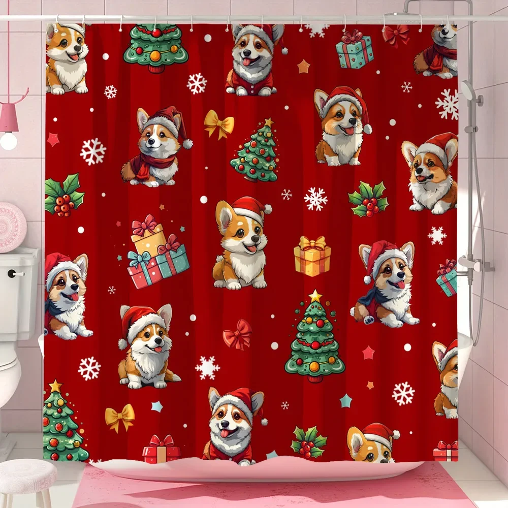 

GAEFunny Christmas Puppy Shower Curtain Christmas Tree Gift Bow Snowflake Polyester Fabric Shower Curtain Bathroom Decor With
