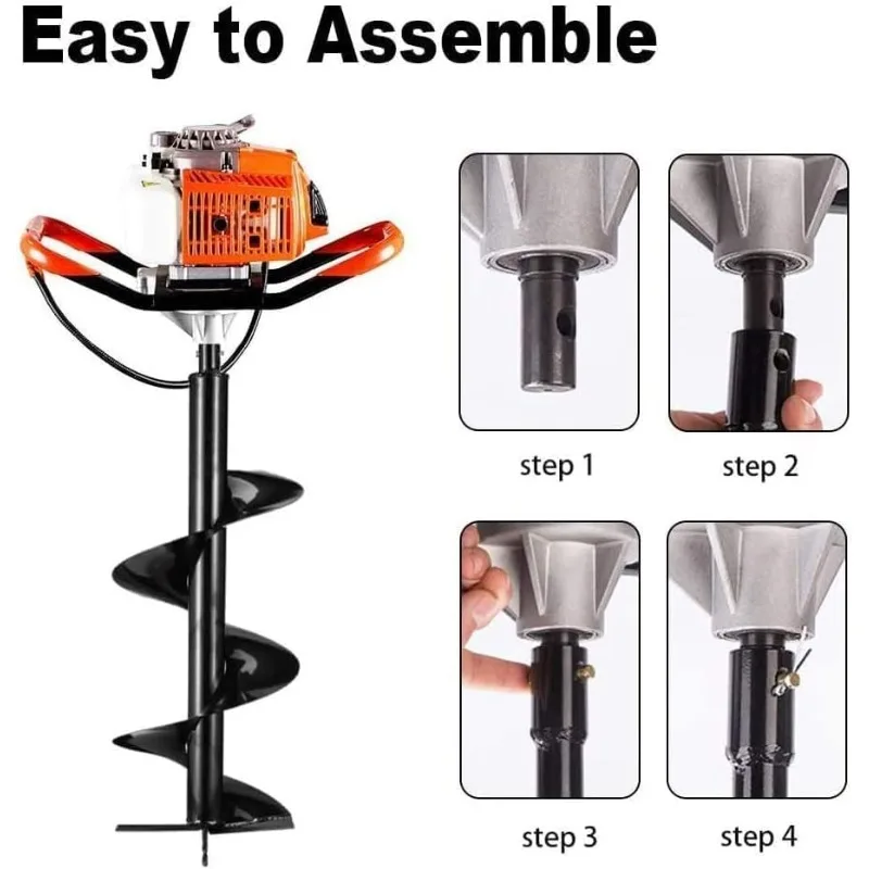 حفار ثقب آخر 72cc ثنائي الأشواط يعمل بالغاز البنزين مع قضبان تمديد (24) بوصة و24 بوصة) + 3 لقم ثقب (3 بوصة 5 بوصة و8 بوصة #4