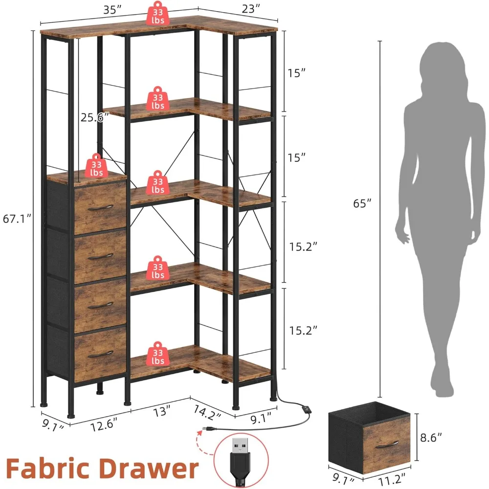 5-poziomowa półka narożna z oświetleniem LED, szufladami z tkaniny i półką ekspozycyjną, duży rozmiar, styl industrialny