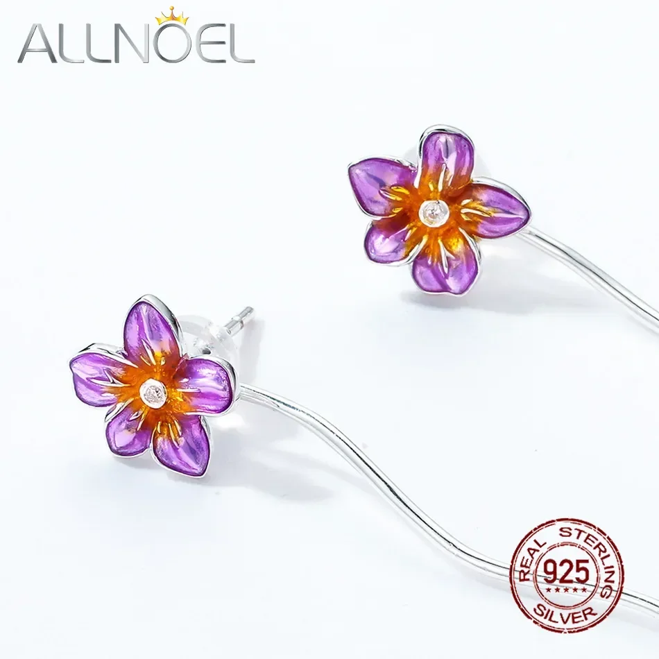 

ALLNOEL 925 Sterling Silver Purple Enamel Lily Flower Tassels Earrings for Women Zircon Dangling Earrings Colorful Fine Jewelry