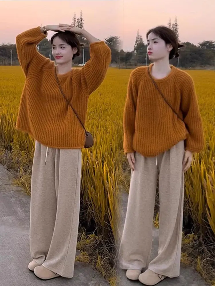 

Autumn Fashion Orange Knitted Sweater And Casual Long Pants Two-Piece Set for plus Size Women Comfortable High Waist Trousers