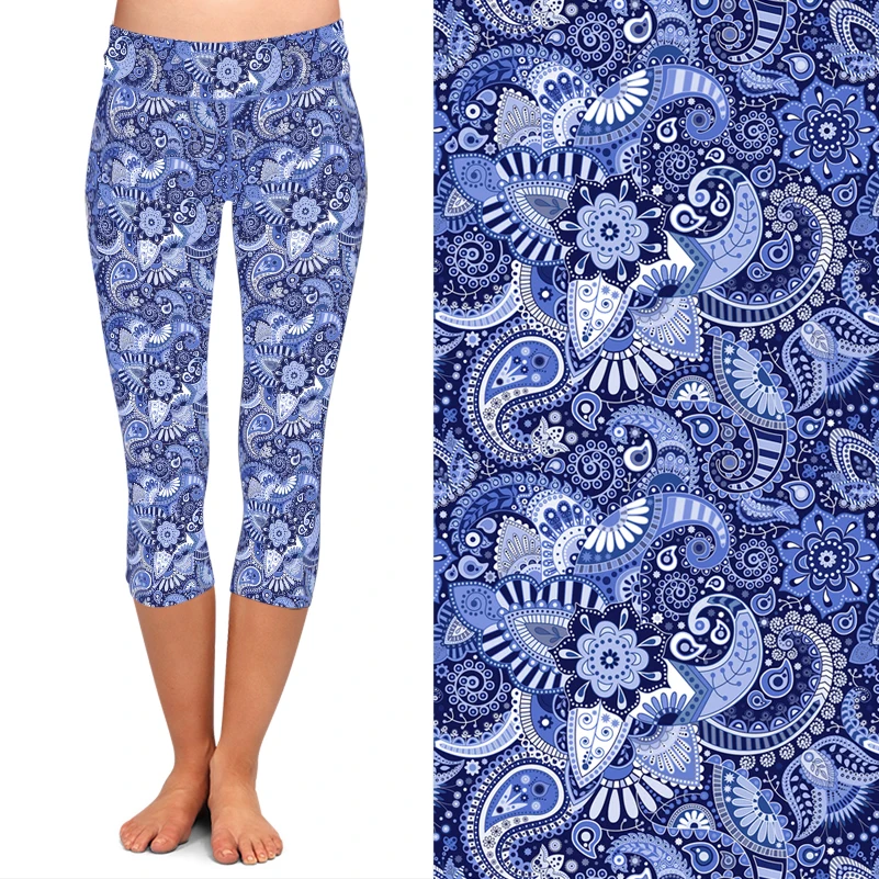 LETSFIND 2021 nuove donne pantaloni Capri a vita alta 3D bella stampa Paisley Leggings Casual a metà polpaccio morbidi e sottili