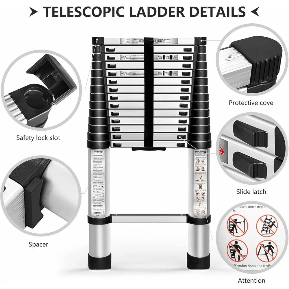 Escalera telescópica de aluminio de 14,5 pies-4,4 M, escalera de extensión plegable portátil retráctil de un botón para uso en interiores y exteriores