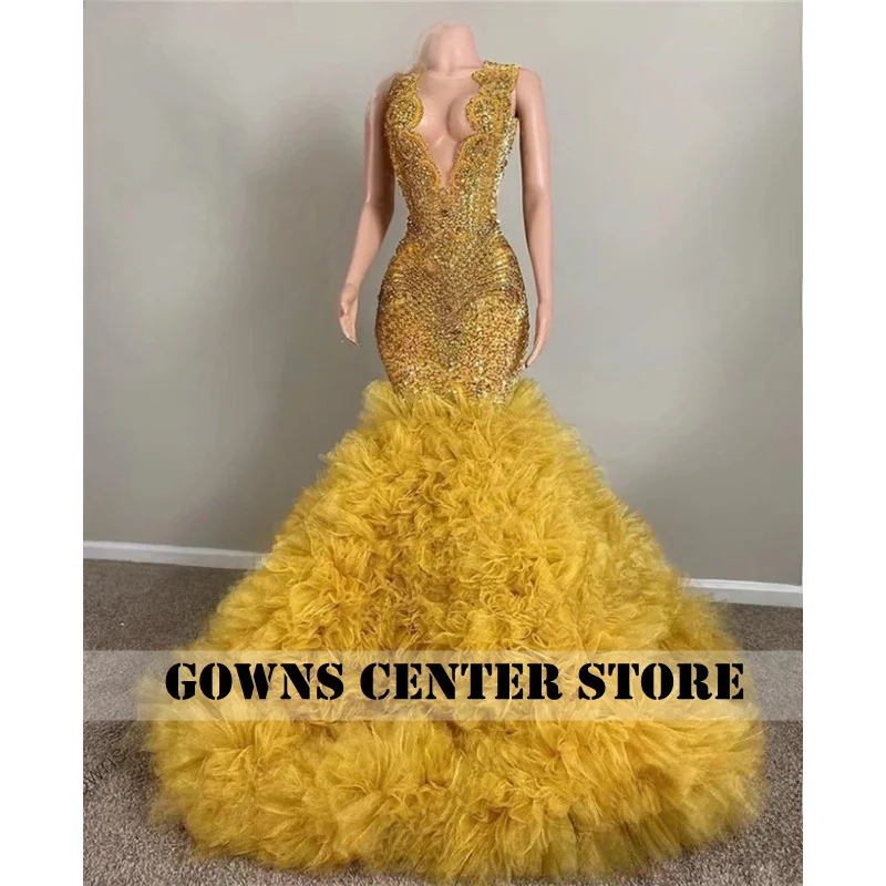 

Gold O Neck Long Prom Dress For Black Girls 2026 Beaded Crystal Sequined Birthday Party Dresses Ruffles Evening Gown Customized