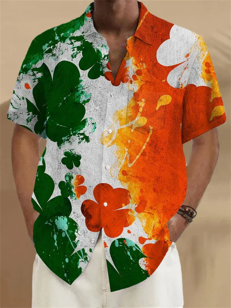 2025 New St. Patrick's Day Shirt Men's and Women's Lucky Green Clover Festival Shirt Short Sleeve Collar Casual Top