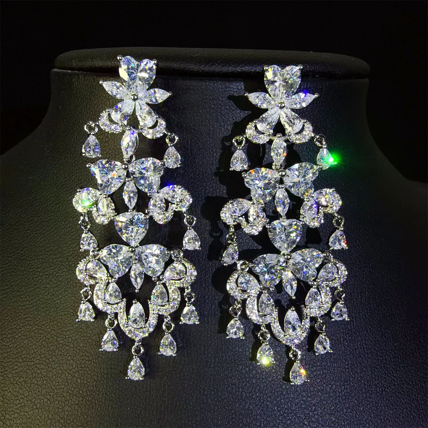 Luxury Cubic Zirconia Long Dangle Earrings for Women Statement Jewelry Wedding Dinner Party White Zircon Silver Plated Shiny