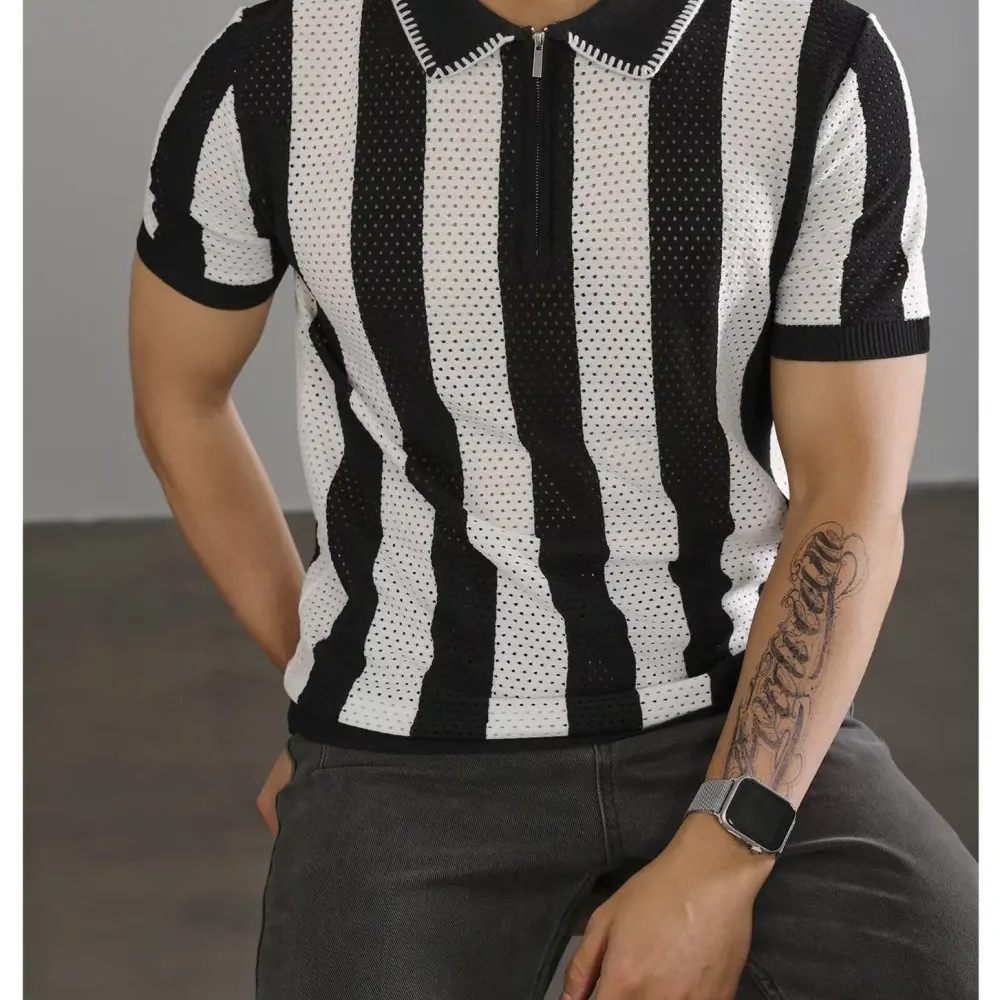 Mens Ice Silk Polo Shirt Summer Short Sleeve Knitted Business Casual Breathable Lapel Zipper Decor Soft Fashion Tee Top