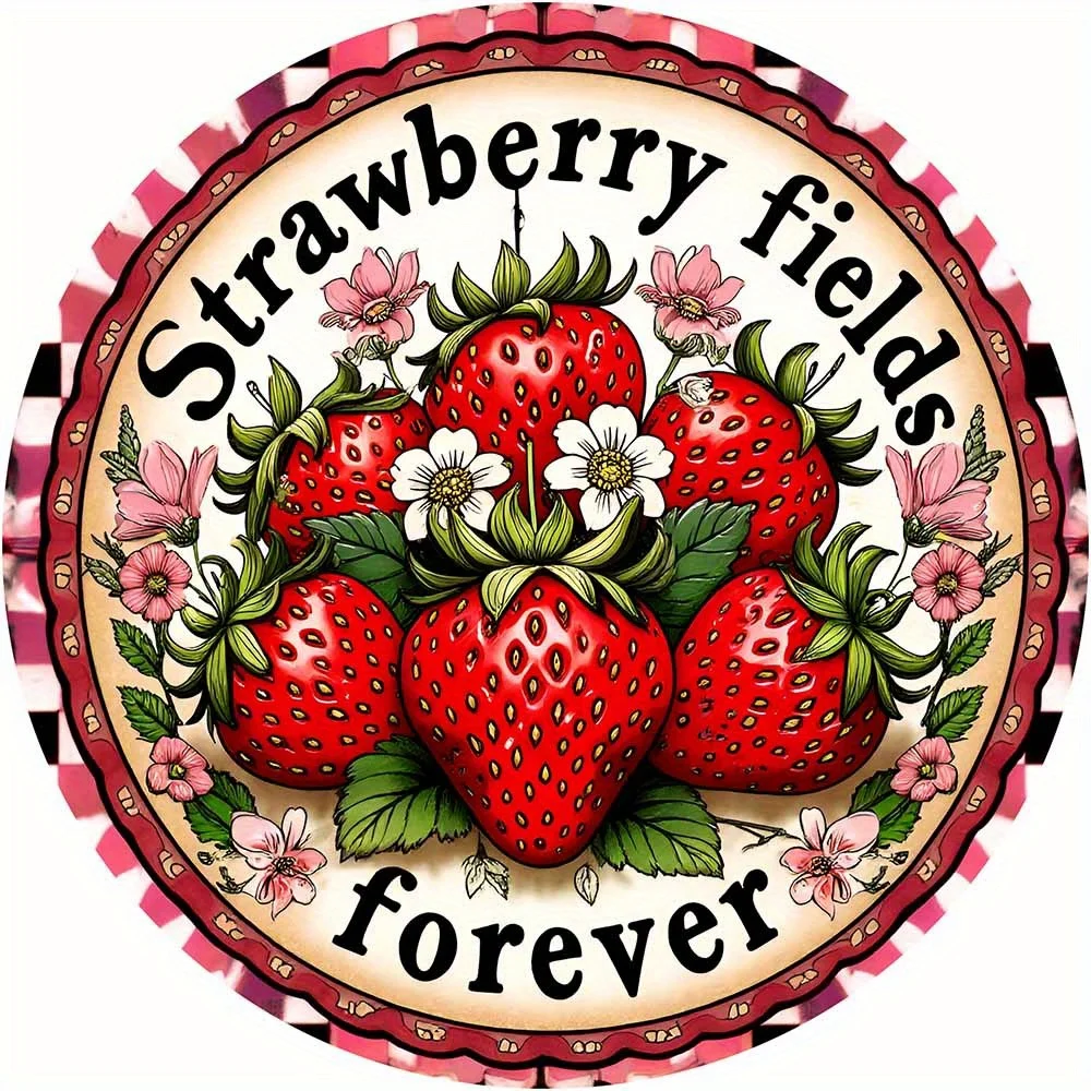 2D Flat, 1pc Vintage Strawberry Fields Forever Metal Wall Art Sign - Round Iron Retro Decoration
