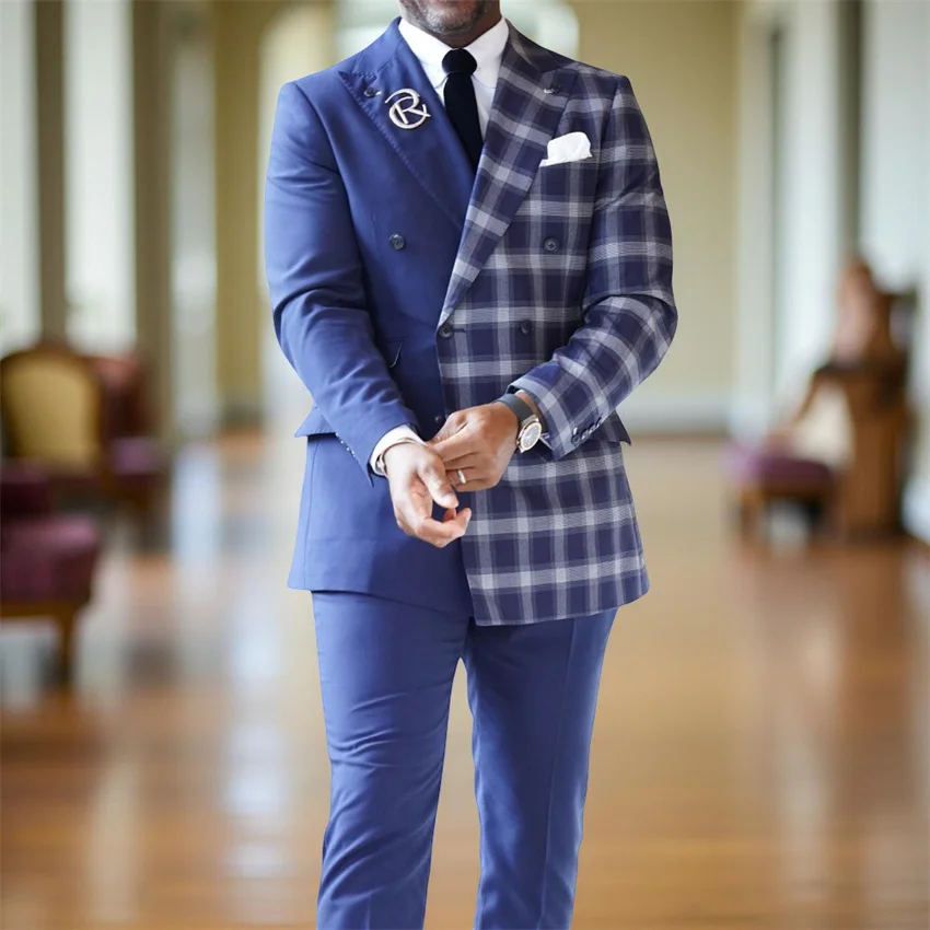 

Double Breasted Plaid Men Suit for Business Party Two Pieces Formal Wedding Tuxedo Slim Fit Peak Lapel Jacket with Pants Vest