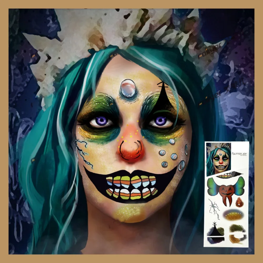 Halloween 3D Face Series Adesivo, Crystal Terror Adesivos, Decorações De Careta De Horror De Festa, Broca De Acrílico, Tatuagem Temporária