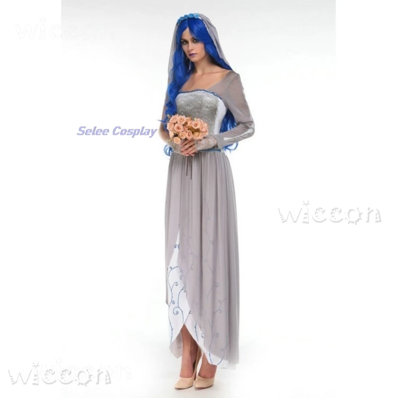 Corpse Masquerade Bride Emily Cosplay Costume Wig Zombie Ghost Halloween Party Dress up Women Scary Gothic Poor Wedding Dress