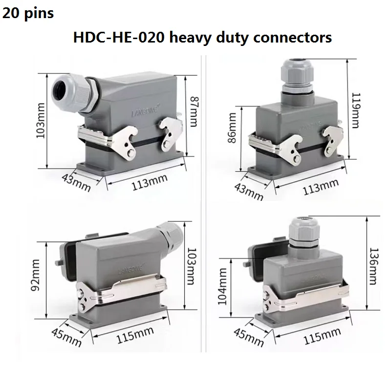 Fotografia 3: Conector retangular de alta resistência HDC-HE-020 com 20 pinos/núcleos, plugue e tomada industrial à prova d'água para aviação, 16A, 500V