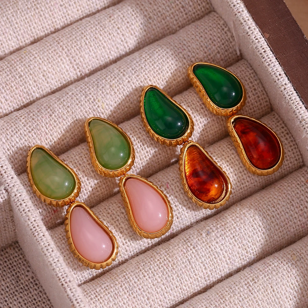 Elegant Green Pink Tortoiseshell Pear Drop Shape Trendy Women's Warrings 2023 Luxury Earrings 18K Gold Plated Waterproof Jewelry