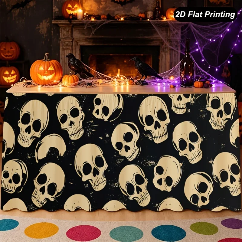 1pc Halloween table skirt, with a light-colored skull pattern on a black background, suitable for Halloweenxzj