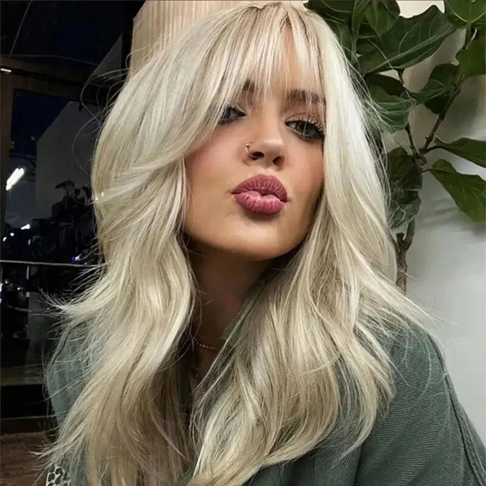 Women's Wig Fashion Synthetic Layer Hair Wigs With Bangs Rooted Warm Light Blonde HD Lace Front Wig High Heat Fibre Wear&Go
