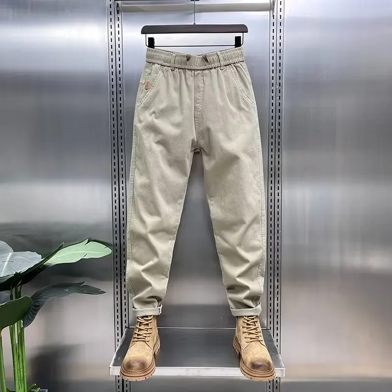 New Autumn Men's Khaki Cargo Pants Joggers American High Street Sports Trousers Cotton 9-Minute Sweatpants Men's Clothing 2024