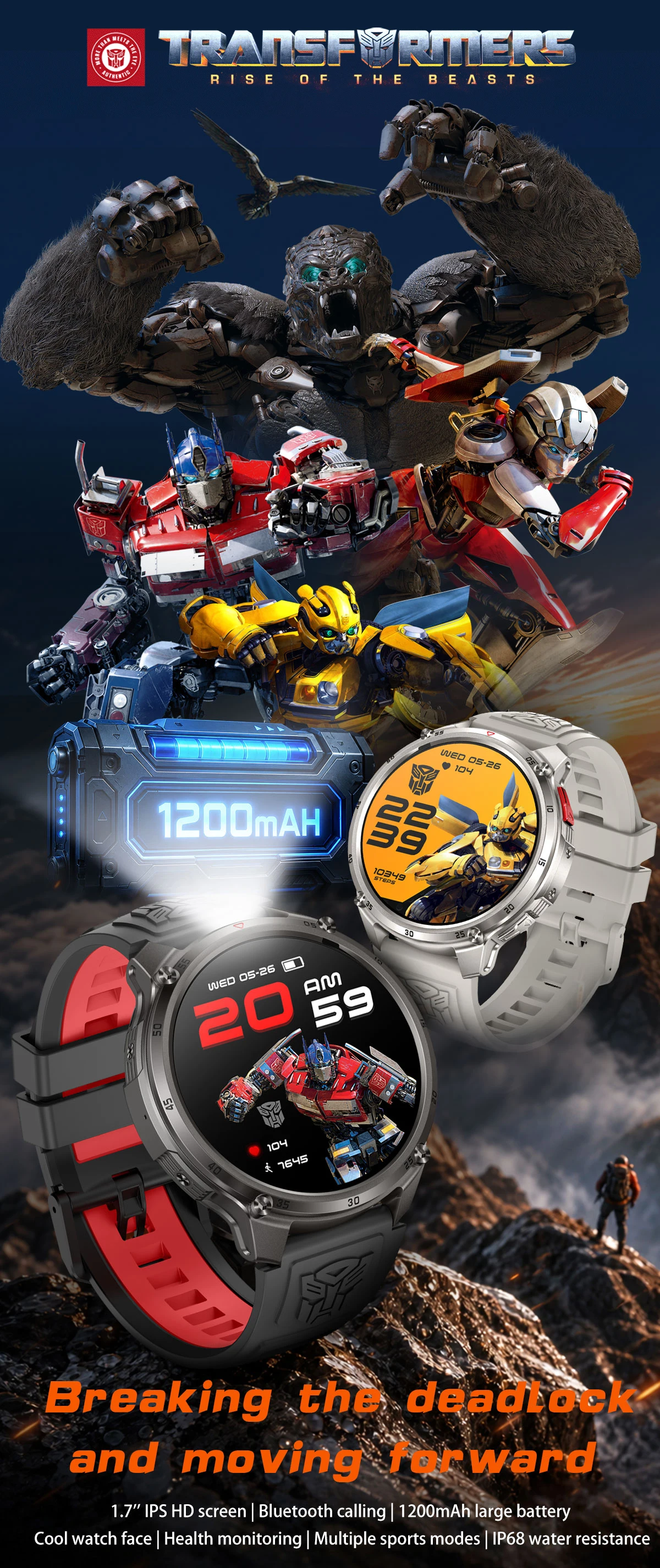 2026 Neue T-RX5 1200mAh Akku Smartwatch für Herren 1,7" HD-Bildschirm Kompass Taktische Taschenlampe IP68 Wasserdicht BT-Anruf Militäruhr – Detail 1