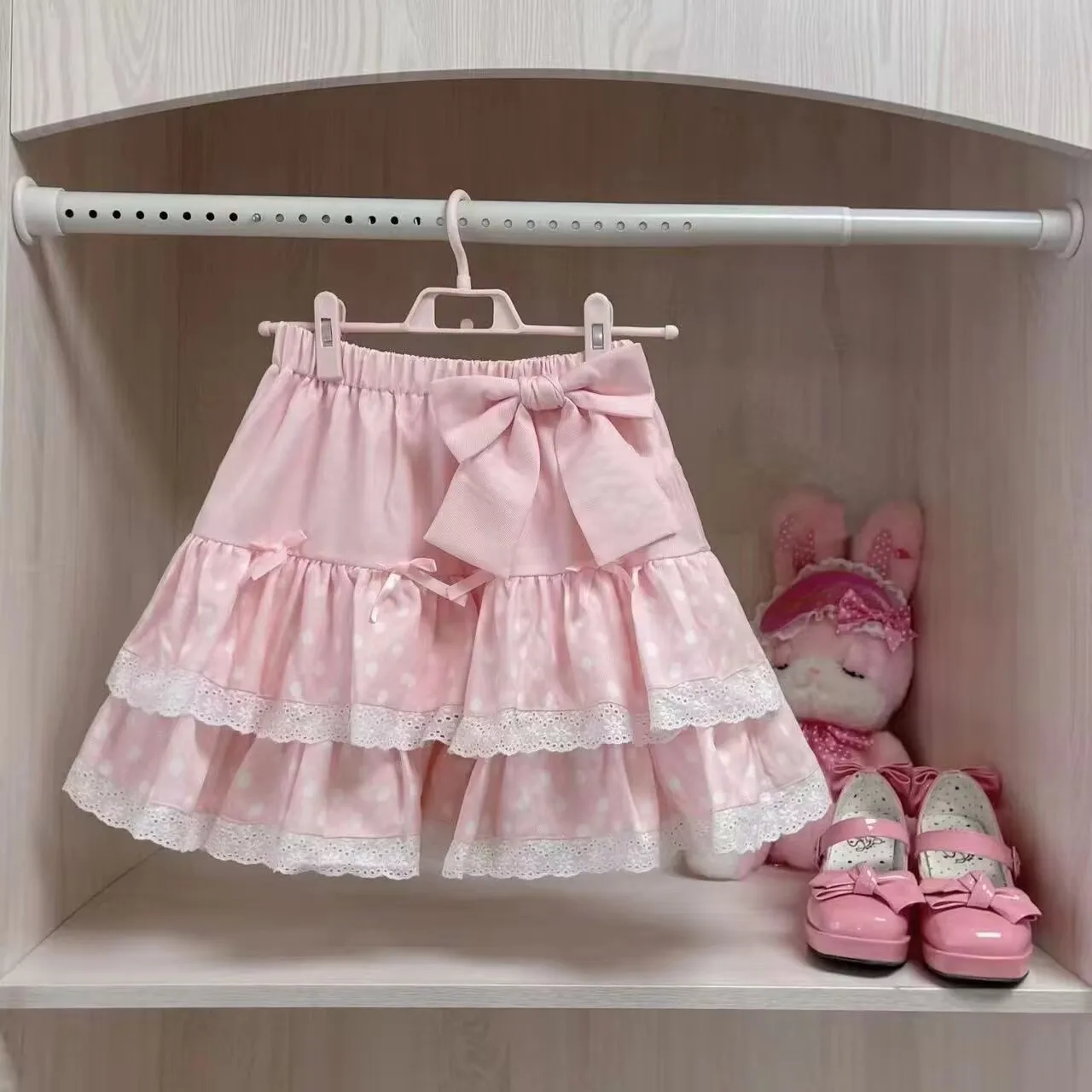 النمط الياباني لوليتا الكشكشة كعكة تنورة صغيرة القوطية الصيف النساء البولكا نقطة طباعة الوردي تنورة Kawaii الفتيات الكورية القوس Y2k تنورة #4