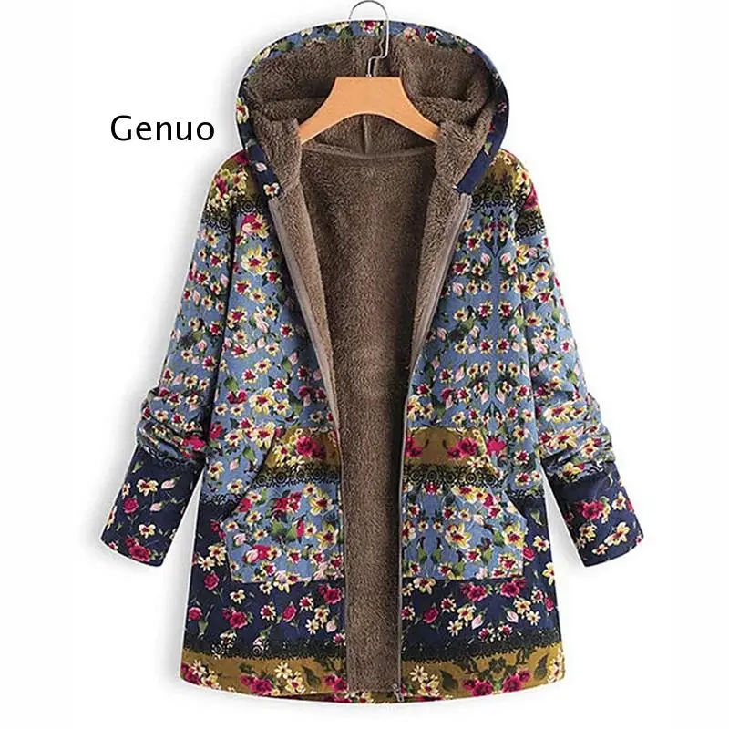 Women Vintage Warm Coats Autumn Winter Casual Printed Fashion Hooded Outwear Plus Size Long Sleeve Zipper Jackets Coats