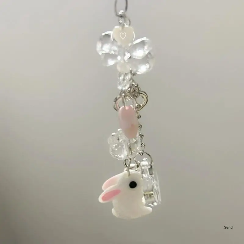 Elegant White Beaded Phone Hanging Trendy Rabbits Phone Charm Portable Acrylic Beaded Phone Chain Key Accessory