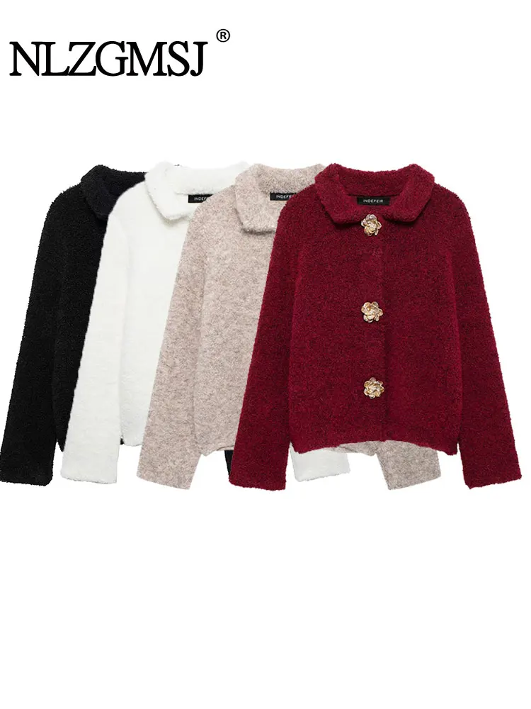 TRAF Autumn Flower Button Decorative Cardigan Top Woman Solid Color Single Breasted Short Knitted Coat Women Outerwears