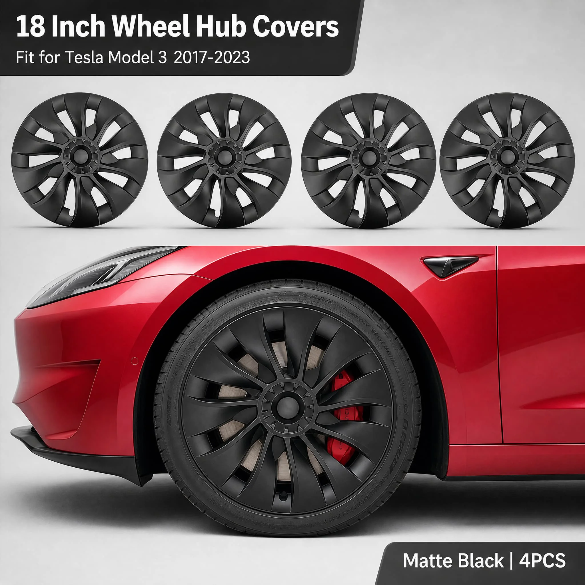 4 pièces de caches-moyeux symétriques noir mat de 18 pouces pour Tesla Model 3 2017-2023, remplacement de capuchons de jantes aérodynamiques, accessoires extérieurs pour voiture.