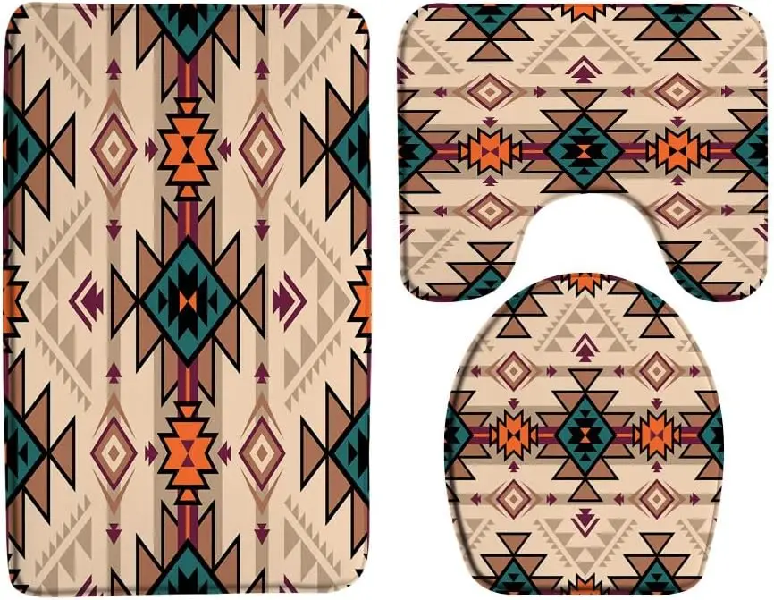 3PCS Aztec Tribal Bath Mat Set, Southwestern Geometric Boho Rug, U-Shape Toilet Cover Vintage Native American Bathroom Decor