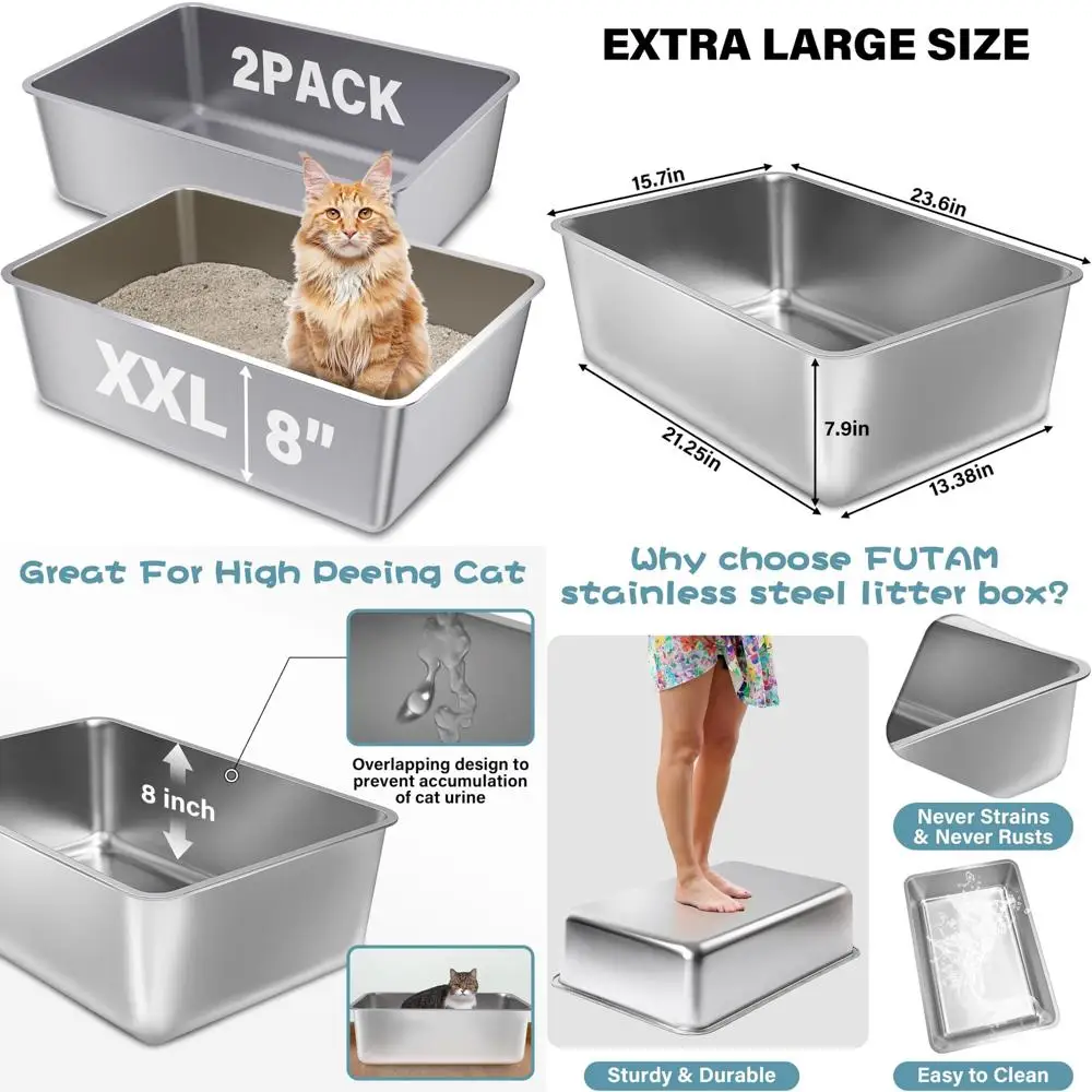 

Extra Large Stainless Steel Cat Litter Box, 23.6x15.8x8 Inches, Deep 8-Inch Metal Litterbox for Cats, XXL Size Pet Waste Managem