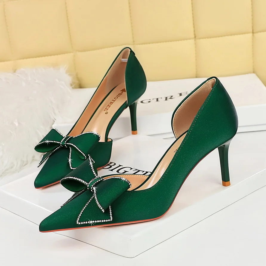 

туфли кроссовки женские Korean Women's Wedding High Slim Heels Shallow Mouth Pointed Side Diamond Bow Single Shoes Women Pumps