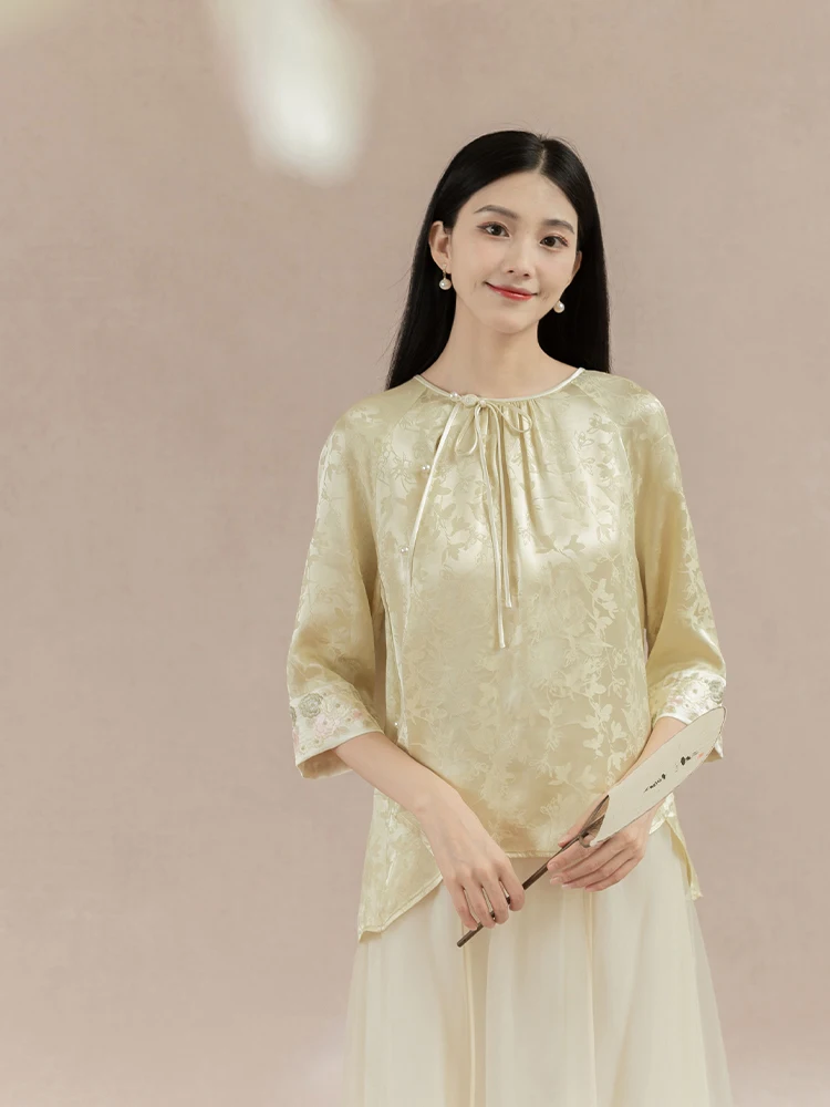 

New Chinese Sle Top Original National Sle Women's Clothing Bud Yellow Embroidery Silk Texture Zen Tea Costume