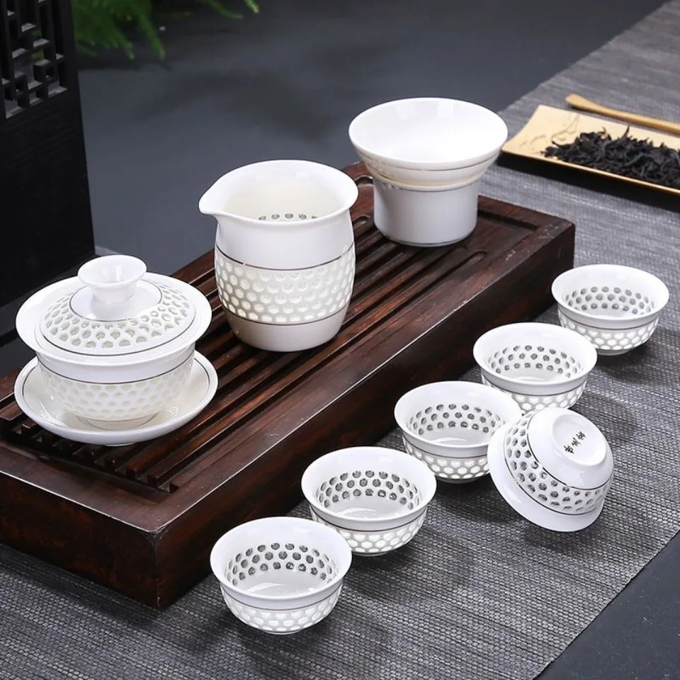 青と白のセラミックティーポット gaiwan ティーカッププーアル中国カンフー茶セット、スプーン