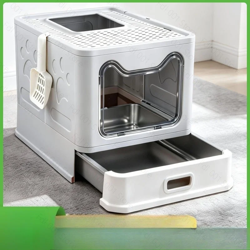 Stainless Steel Fully Enclosed Cat Litter Box Drawer Anti-Splash Top Entry Pet Toilet