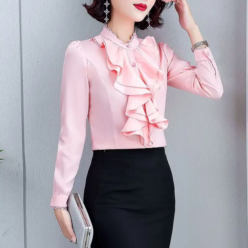 2025 Spring and Autumn Women's New Stand Collar Lotus Leaf Lace Slimming Women's Long Sleeve Shirt