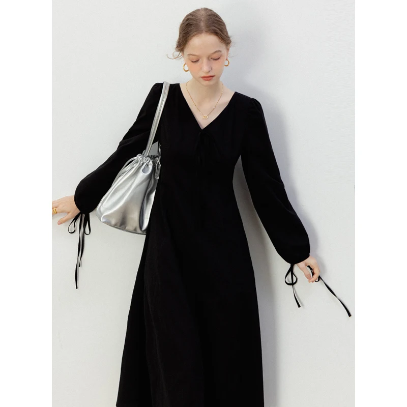 Eggka Solid Bow Elegant Dress for Women 2024 Autumn V-Neck Long-Sleeve Dresses Female Gentle Commuting Long-Dress Korean Fashion