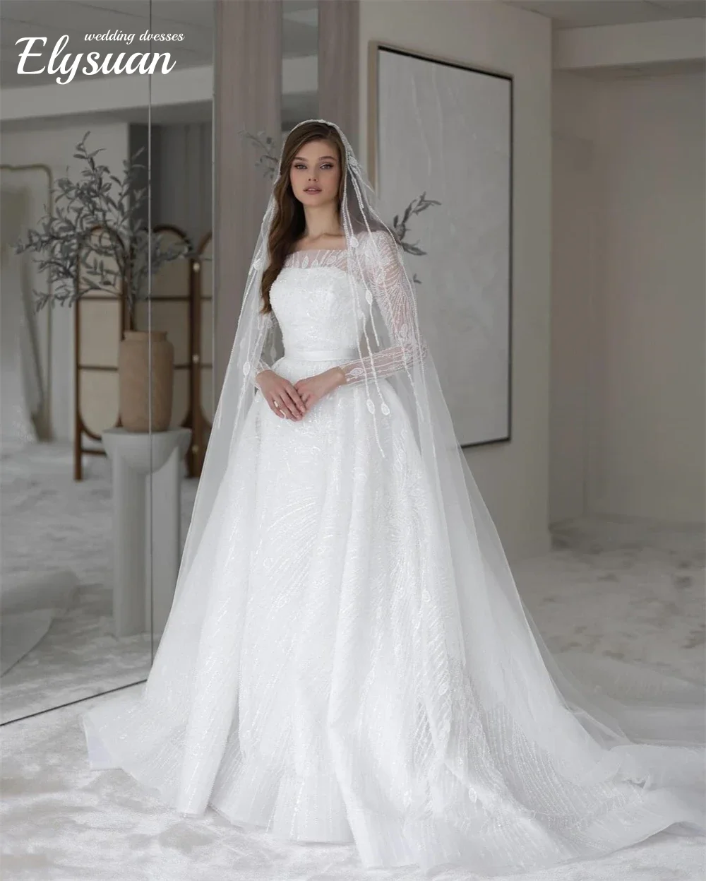 

Свадебные платья с длинными рукавами по индивидуальному заказу, блестящие чисто белые свадебные платья, классический квадратный воротник трапециевидной формы, Vestido De Novia