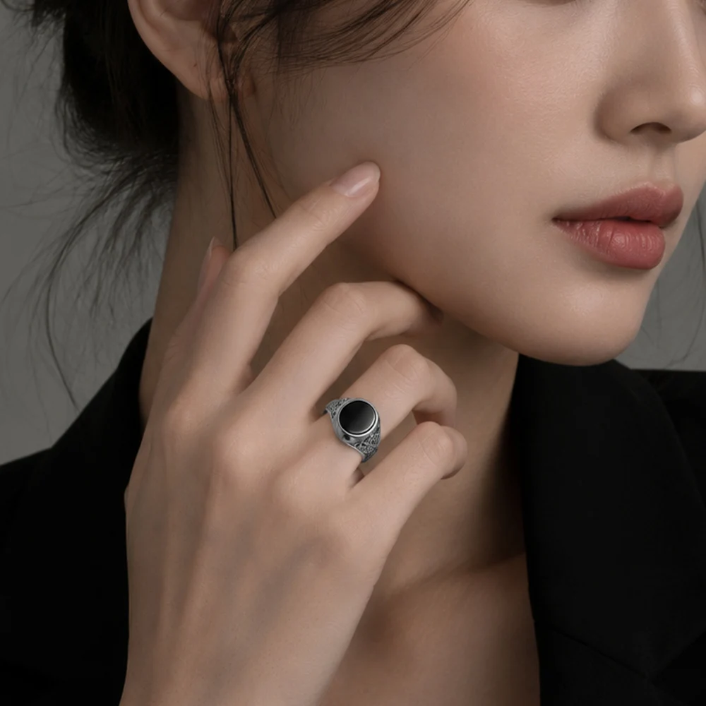 Black Oval Signet Ring Europe Style Fine Jewelry For Women Men Summer Brand New Vintage 925 Sterling Silver Gift