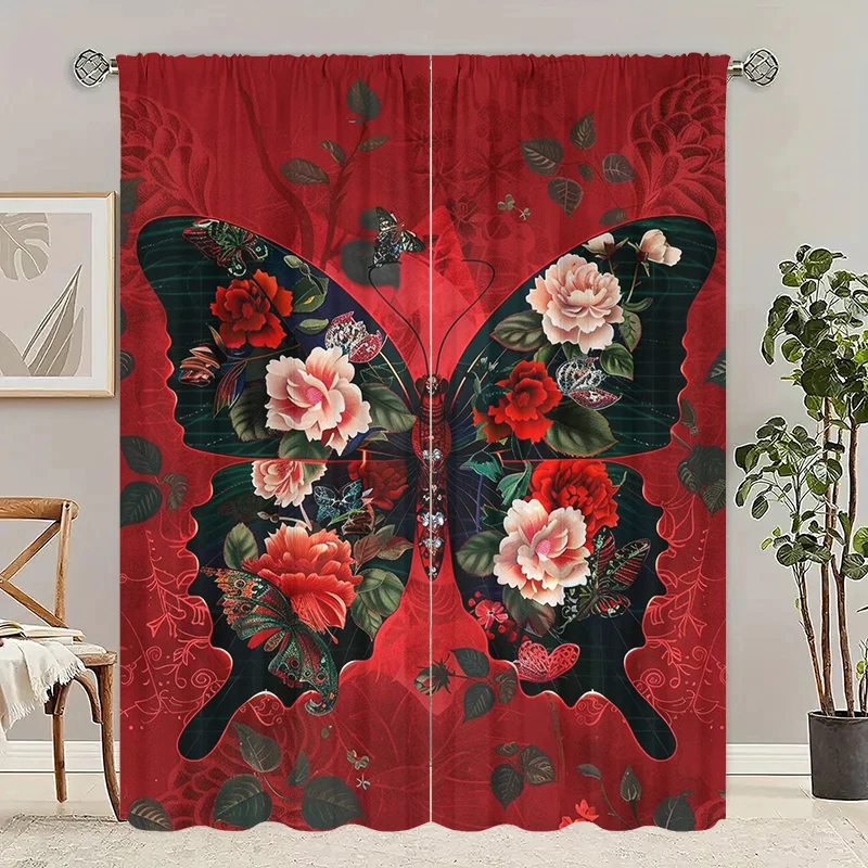 Red butterfly - printed curtain, -100% polyester material, suitable for bedroom curtains and living room decoration.