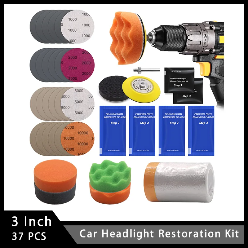 3 Inch Car Headlight Restoration Kit 37 Pcs Polishing Sanding Kit with 1/4 Inch Shank Backing Pad Drill Buffing Sponge Pads